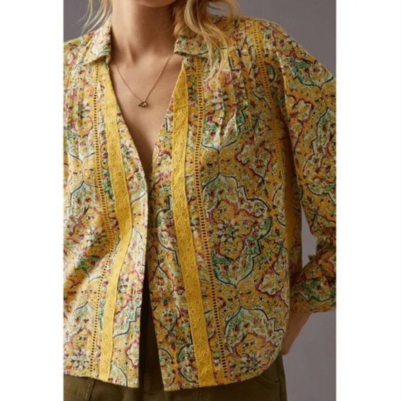 NWT Pilcro by Anthropologie Pintuck Peasant Blouse Yellow Floral Print XS - Picture 3 of 9